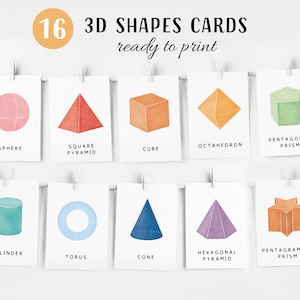16 3D-vormen Flash Cards afdrukbaar, peuters voorschoolse, geometrische Flash Cards, Montessori materialen, Math Flash Cards, DIGITALE DOWNLOAD