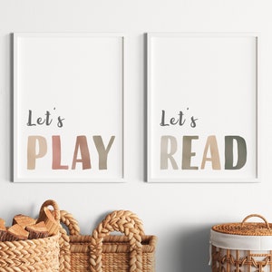 Neutral Nursery Wall Decor, Let's Play, Let's Read, Set of 2 Playroom Posters, Homeschool Decor, Play All Day, Digital Download