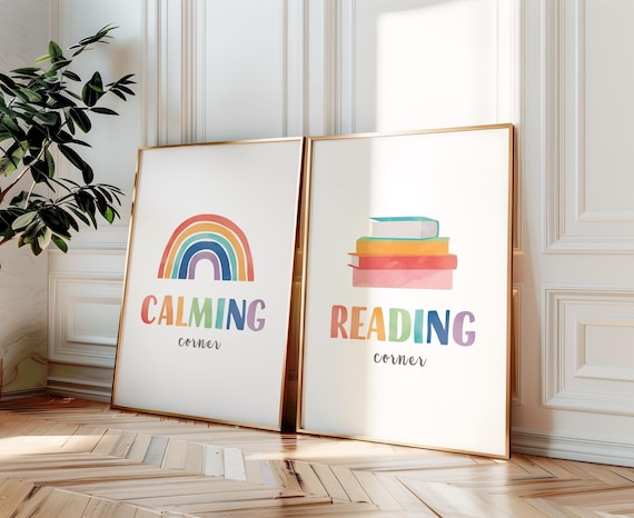 Calming Corner Sign, Reading Corner Sign, Rainbow Classroom Wall Decor, Classroom Wall Art, Rainbow Educational Posters, Digital Download