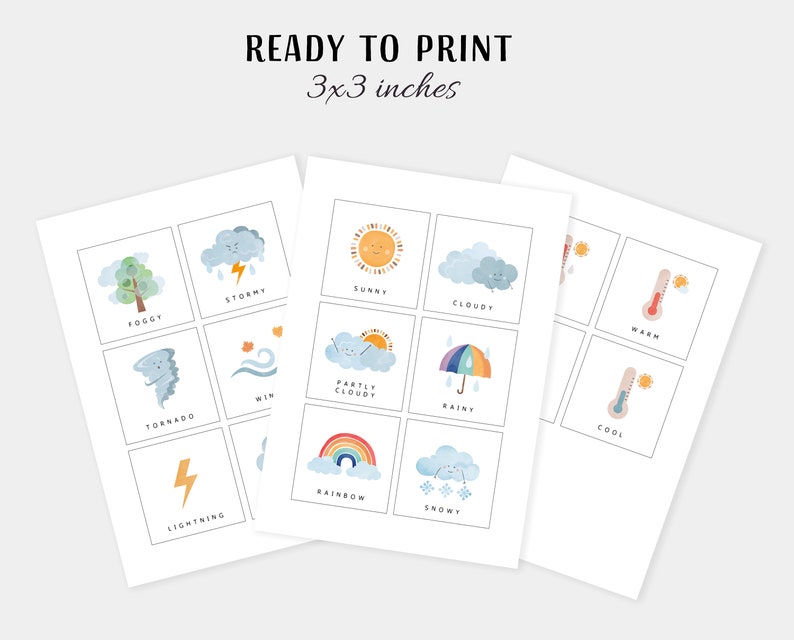 16 Weather Cards Montessori flashcards Pre-School Cards Rainbow Educational Printable Cards Instant Download image 3