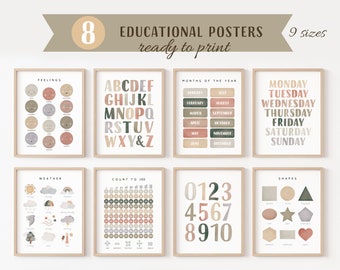 Conjunto de carteles educativos, 8 impresiones de educación en el hogar, decoración del aula Montessori, decoración neutral para niños, decoración de sala de juegos para niños pequeños, descarga digital