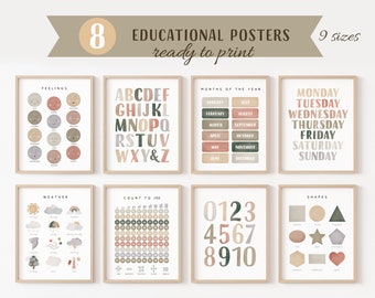 Set Of Educational Posters, 8 Homeschool Prints, Montessori Classroom Decor, Neutral Kids Decor, Toddler Playroom Decor, Digital Download