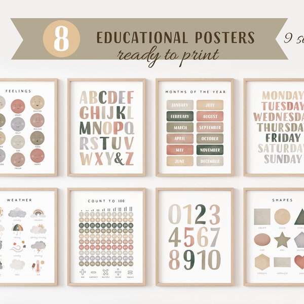 Set Of Educational Posters, 8 Homeschool Prints, Montessori Classroom Decor, Neutral Kids Decor, Toddler Playroom Decor, Digital Download