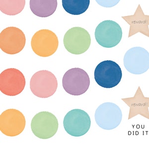 May include: A colorful chart with 15 circles in various shades of orange, yellow, pink, green, blue, and purple. The chart is designed for a child to track their progress with stickers or other markers. The chart includes two stars with the word "reward!" written on them. The chart also includes the text "YOU DID IT!" at the bottom.