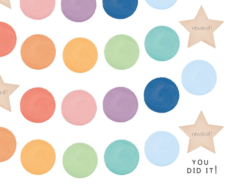 May include: A colorful chart with 15 circles in various shades of orange, yellow, pink, green, blue, and purple. The chart is designed for a child to track their progress with stickers or other markers. The chart includes two stars with the word "reward!" written on them. The chart also includes the text "YOU DID IT!" at the bottom.