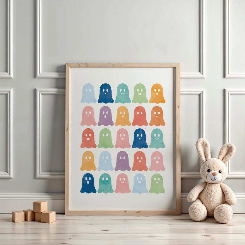 Rainbow Ghost Poster, Halloween Nursery Print, Cute Ghost Baby Playroom, Rainbow Boo Print, Seasonal Prints, Spooky Season, DIGITAL DOWNLOAD.