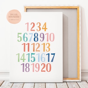 Numbers Educational Poster, Count to 20 Poster, Rainbow Numbers Print, Homeschool Decor, Montessori Nursery, Digital Download