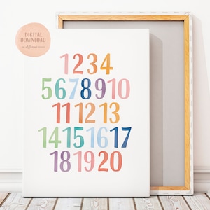 Affiche éducative de nombres, affiche de compte à 20, impression de nombres d'arc-en-ciel, décor d'école à la maison, pépinière de Montessori, téléchargement numérique