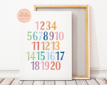 Puede incluir: Un diseño de arte de pared imprimible que presenta los números del 1 al 20 en un esquema de color arcoíris. Los números están dispuestos en forma de pirámide, con los números más grandes en la parte inferior.