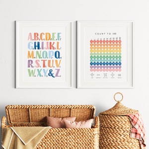 Ensemble de 2 affiches éducatives, affiche alphabet arc-en-ciel, matériel Montessori, affiche ABC, affiche Count to 100, téléchargement numérique