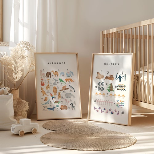 Alphabet des animaux et affiches de nombres, alphabet de la chambre des animaux, affiches éducatives de salle de jeux, décoration d'école à la maison, ABC des animaux, téléchargement numérique