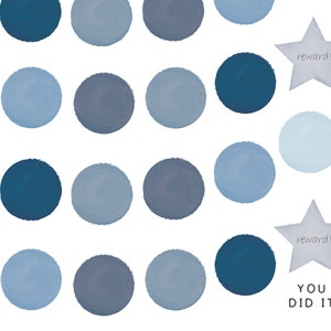 May include: A blue and gray watercolor chart with circles and stars. The chart has the text "reward!" on three stars and the text "YOU DID IT!" at the bottom.