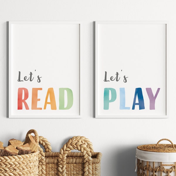 Set of 2 Prints, Rainbow Playroom Decor, Let's Play, Let's Read, Toddler Wall Art, Homeschool Decor, Nursery wall art, Digital Download