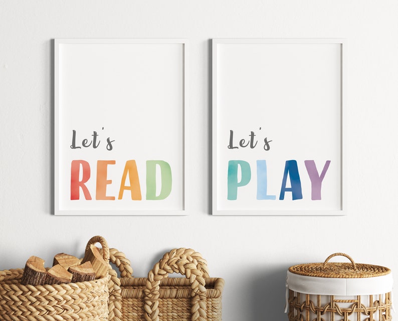 Set of 2 Prints, Rainbow Playroom Decor, Let's Play, Let's Read, Toddler Wall Art, Homeschool Decor, Nursery wall art, Digital Download image 1