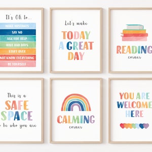 Ensemble d'affiches éducatives, 6 impressions d'école à la maison, décor de salle de classe Montessori, décor d'enfants arc-en-ciel, décor de salle de jeux pour tout-petits, téléchargement numérique