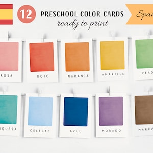 12 Spaanse kleurenkaarten, Montessori Flashcards, Spaanse kaarten, educatieve afdrukbare kaarten, Spaanse educatieve kaarten, Instant Download
