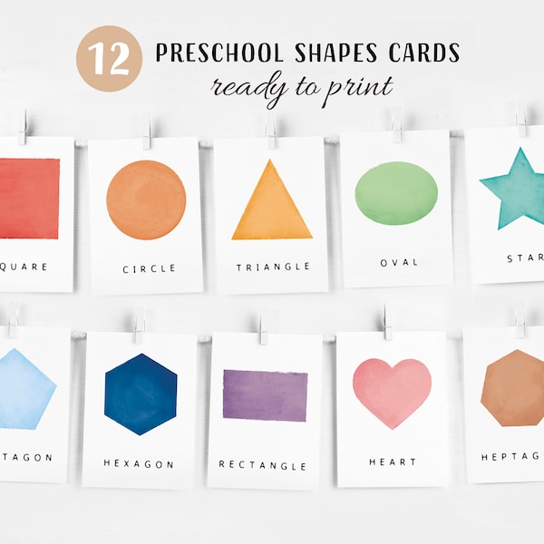 12 Rainbow Shapes Flash Cards, Preschool Materials, Homeschool Printables, Montessori Materials, Geometric Flash Cards, DIGITAL DOWNLOAD