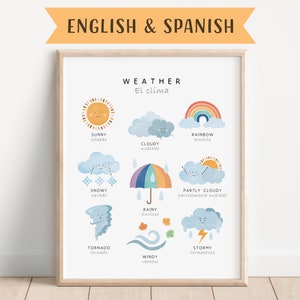 Afiche meteorológico bilingüe en español, Afiche educativo de sala de juegos, Inglés a español, Aula de español, Afiche de aprendizaje, Descarga digital