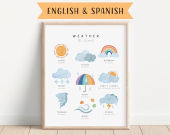 Bilingual Spanish Weather Poster, Playroom Educational Poster, English to Spanish, Spanish Classroom, Learning Poster, Digital Download