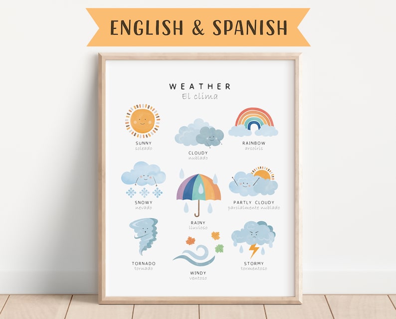 May include: A colorful educational poster with illustrations of different weather conditions, including sunny, cloudy, rainy, snowy, windy, stormy, and a rainbow. The poster includes English and Spanish translations for each weather condition.