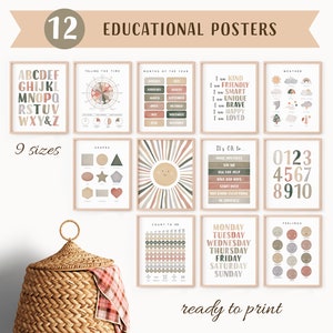 Boho Lernposter Set, 12 Homeschool Prints, Montessori Klassenzimmer Dekor, Neutrale Kinder Dekor, Kleinkind Spielzimmer, digitaler Download, N34