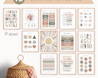 May include: Twelve educational posters for children featuring various themes, including the alphabet, telling time, months of the year, shapes, weather, numbers, days of the week, and feelings. The posters are designed in a minimalist style with a neutral color palette of beige, brown, and pink.