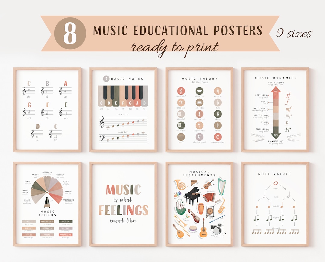 Set of 8 Music Educational Posters, Music Theory Posters, Montessori