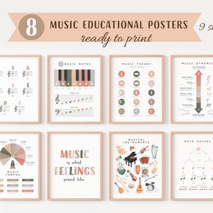 Set von 8 Musik Lernpostern, Musiktheorie Poster, Montessori Klassenzimmer Dekor, Neutrale Kinder Dekor, igital Download