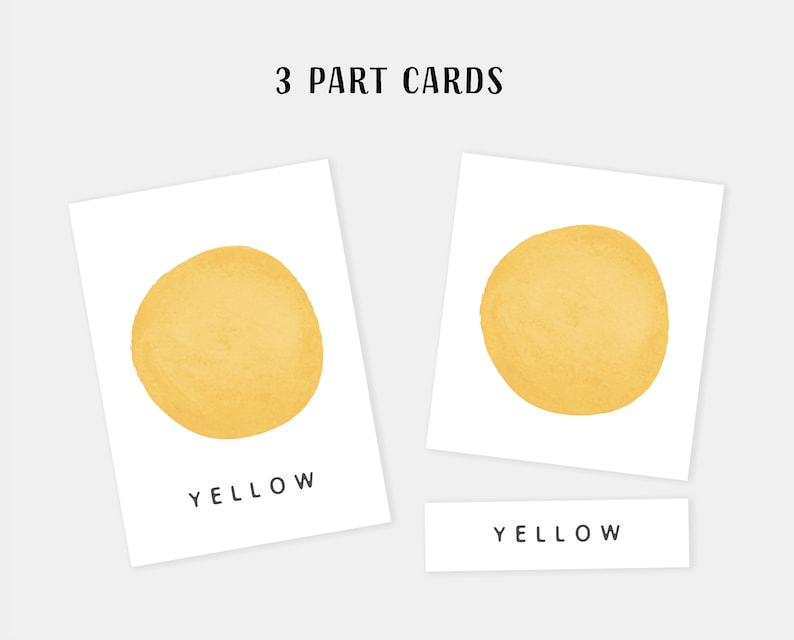 May include: Three part cards for learning colours. The cards feature a yellow circle and the word "YELLOW" written below.
