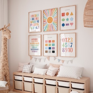 Lot de 6 affiches éducatives, école à la maison, alphabet et chiffres, affiches Montessori, salle de jeux pour tout-petits, chambre d'enfant arc-en-ciel, téléchargement numérique, N72
