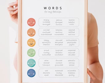 Words For My Feelings, Mental Health, Feelings Chart, Educational Poster, Rainbow Emotional Regulation, Mental Health, CBT, Digital Download