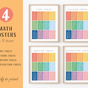 Conjunto de 4 carteles de matemáticas, impresión educativa, cartel de aprendizaje de matemáticas, tablas de tiempos, suma, resta, matemáticas Montessori, descarga digital