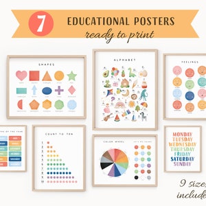 Set von 7 Lernpostern, Klassenzimmer Dekor Bundle, Montessori Klassenzimmer Dekor, Regenbogen Kinder Dekor, Alphabet Poster, digitaler Download