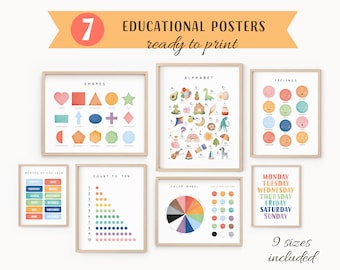 Conjunto de 7 pósteres educativos, paquete de decoración para el aula, decoración Montessori para el aula, decoración infantil arcoíris, póster del alfabeto, descarga digital.