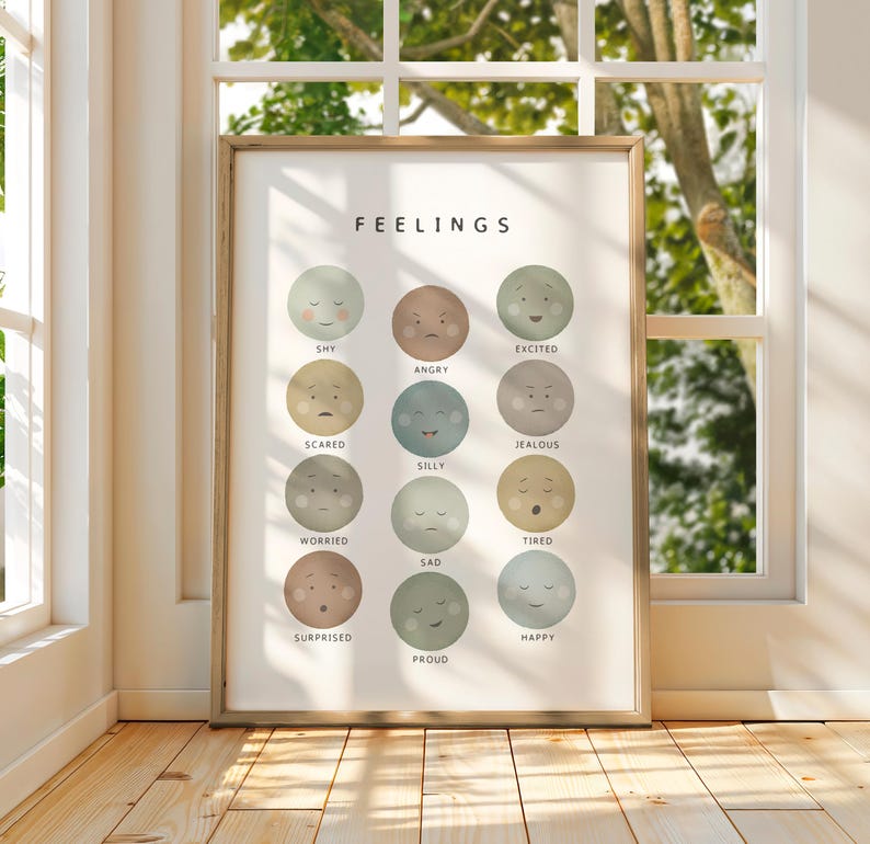 Feelings Chart Poster for Kids, Emotions Faces Art, Neutral Earth Tones Nursery Print, Social Emotional Learning Chart, Digital Download image 8