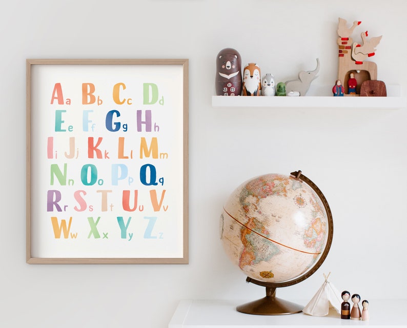 May include: A colorful alphabet chart with a wooden frame hangs on a white wall. A globe and wooden figurines are on a white shelf below the chart.