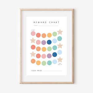 May include: A printable reward chart with a colorful rainbow design. The chart has a section for a name, a start point, and a finish line. There are 25 circles to color in, and a star at the end of each row. The text "You did it!" is at the finish line. The chart also has a section for a prize.