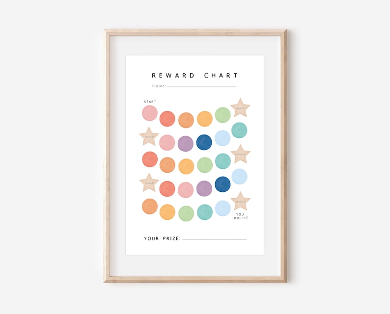 May include: A printable reward chart with a colorful rainbow design. The chart has a section for a name, a start point, and a finish line. There are 25 circles to color in, and a star at the end of each row. The text "You did it!" is at the finish line. The chart also has a section for a prize.