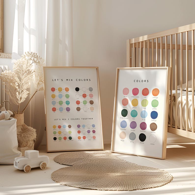 Montessori inspired nursery with educational color posters and minimalist wooden decor