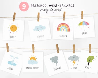 9 Weather Cards | Montessori flashcards | Pre-School Cards | Educational Printable Cards | Instant Download