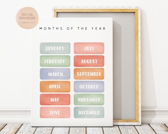 Months of the Year Poster: Watercolor Educational Print (Digital Download)