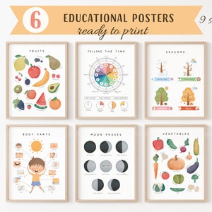 Conjunto de 6 carteles educativos, impresiones de educación en el hogar, decoración del aula Montessori, decoración de niños arcoíris, decoración de sala de juegos para niños pequeños, descarga digital
