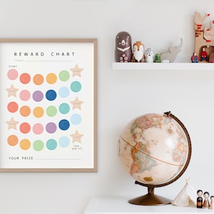 May include: A colorful reward chart with a white background and a wooden frame. The chart has a title that says "Reward Chart" and has a space for a name. The chart has 25 circles in a grid pattern, with each circle filled with a different color. There are four stars at the top of the chart and one at the bottom. The text "You Did It!" is below the bottom star. The text "Your Prize" is at the bottom of the chart.