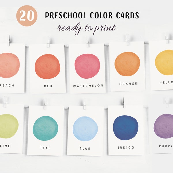 20 Color Cards, Montessori flashcards, Pre-School Cards, Montessori Materials, Educational Printable Cards, Instant Download