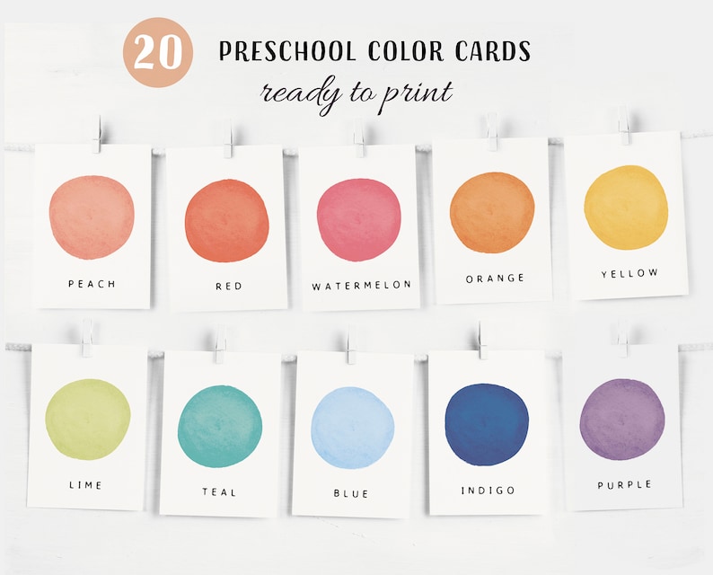 May include: Twenty printable colour cards for preschoolers. Each card features a watercolour circle in a different colour, with the colour name printed below. The colours include peach, red, watermelon, orange, yellow, lime, teal, blue, indigo, and purple.