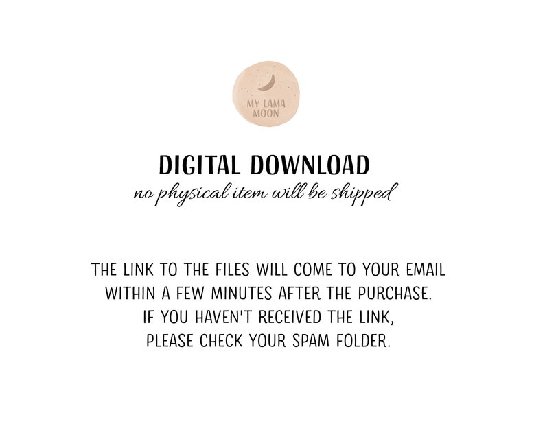 Pu&ograve; includere: Testo di download digitale con le parole "MY LAMA MOON" a forma di mezzaluna. Il testo recita "DOWNLOAD DIGITALE nessun articolo fisico verr&agrave; spedito IL LINK AI FILE ARRIVER&Agrave; ALLA TUA EMAIL ENTRO POCHI MINUTI DALL'ACQUISTO. SE NON HAI RICEVUTO IL LINK, CONTROLLA LA CARTELLA SPAM."