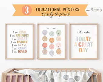 Set Of Educational Posters, 3 Homeschool Prints, Montessori Classroom Decor, Neutral Kids Decor, Toddler Playroom Decor, Digital Download