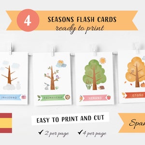 Seizoenen Flash Cards in het Spaans, Seasons Chart, Kids Wall Decor, Educatieve Flash Cards, Montessori Kinderdagverblijf, Digitale Download