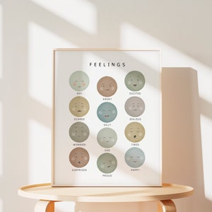 May include: A beige framed poster with the word "FEELINGS" in black text at the top. The poster features 12 illustrated faces, each representing a different emotion, such as shy, angry, excited, scared, silly, jealous, worried, sad, tired, surprised, proud, and happy.