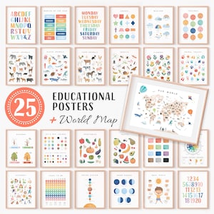Set of 25 Educational Posters, Montessori Classroom Decor, Toddler Playroom, Rainbow Nursery Prints, Homeschool Art, Digital Download N25